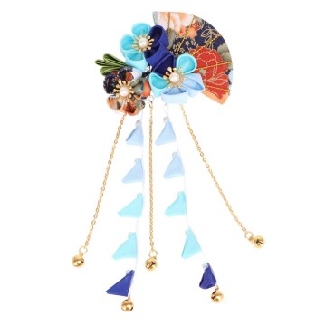 Minkissy Japanese Style Hair Clip Long Tassel Hair Ornament Tie Band Clip Flower Hairpin Womens Girls Hair Decoration for Bridal Wedding Blue