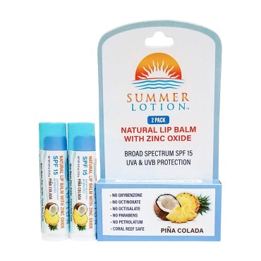 Natural Lip Balm with Zinc Oxide Sunblock by Summer Lotion, SPF 15 Lip Sunscreen 2-Pack, Water Resistant Chapstick, SPF Lip Protection for Everyone, (Pina Colada)