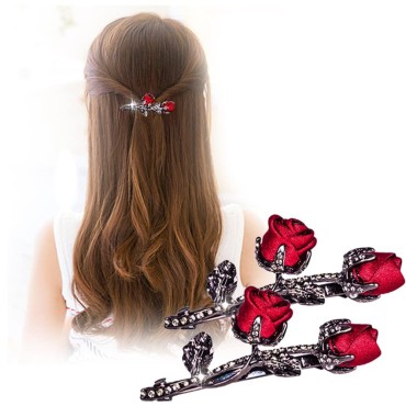 Vintage Crystal Rose Hair Clips,Elegant Rhinestones Rose Flower Metal Hair Clips Hair Barrette Ponytail Holder Slide Clips Hair Jewelry for Wedding,Party,Birthday and Holiday Gifts (red-2PCS)