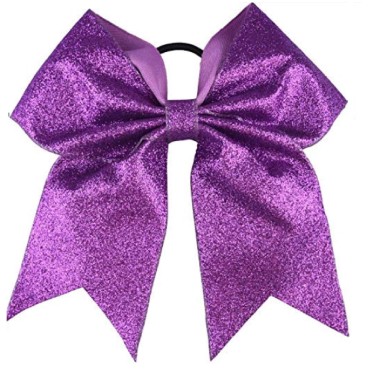 Glitter Cheer Bows - Cheerleading Softball Gifts for Girls and Women Team Bow with Ponytail Holder Complete your Cheerleader Outfit Uniform Strong Hair Ties Bands Elastics by Kenz Laurenz (1) (Purple)