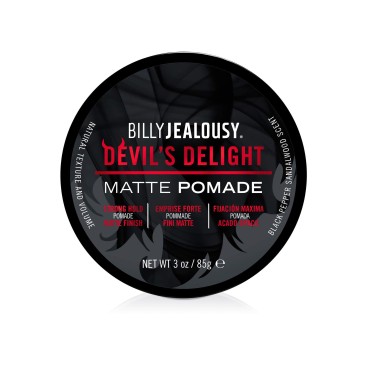Billy Jealousy Devil's Delight Matte Pomade for Men Adds Volume and Definition, Strong Hold Water-Based Formula with Black Pepper Sandalwood Scent, 3 Oz.
