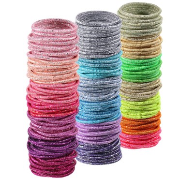 200 Pieces No-metal Hair Elastics Hair Ties Ponytail Holders Hair Bands (2 mm, Baby Size, Glitter Multicolor)