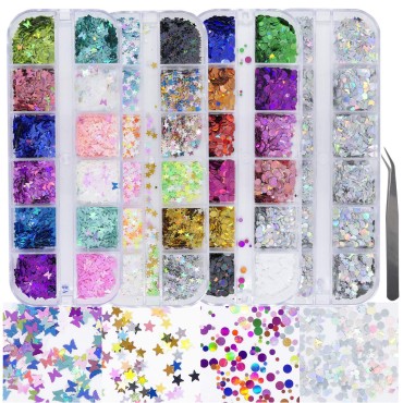 AddFavor 4 Boxes Holographic Nail Sequins Shapes Mixed Iridescent Nail Glitter Flakes Butterfly Hearts Star DIY Design Manicure Decorations Sets for Nail Art/Craft/Makeup