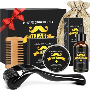 TILLARE Beard Growth Kit - Beard Kit with Beard Oil, Beard Massager, Beard Balm, BeardComb, Birthday Gifts for Men Husband Boyfriend Dad, Stocking Stuffers for Men Christmas Gifts