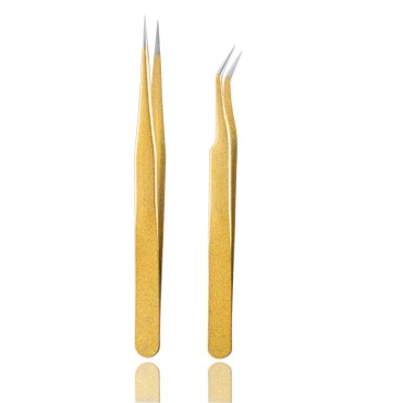 Tvoip 2 Pcs Gold Stainless Steel Tweezers for Eyelash Extensions, Straight and Curved Tip Tweezers Nippers, False Lash Application Tools