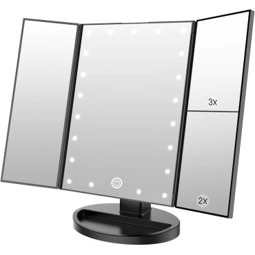 WEILY Lighted Vanity Makeup Mirror 1x/2x/3x Magnification Trifold with 21 LED Lights Touch Screen and USB Charging, 180 Degree Adjustable Stand for Countertop Cosmetic Makeup Mirror(Black)