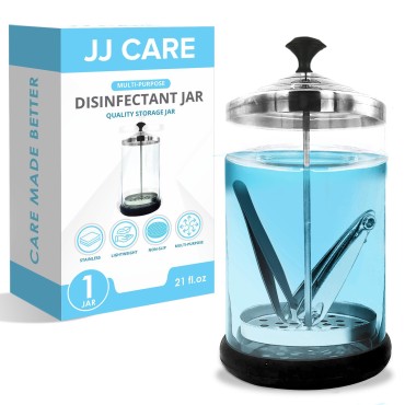 JJ CARE Disinfectant Jar (21 oz) - Barber Jar Glass, Sanitizer Disinfectant Glass Jar, Barber Disinfectant Jar, Implement Disinfectant Container w/Stainless Steel Removable Strainer & Cap - Black Lid