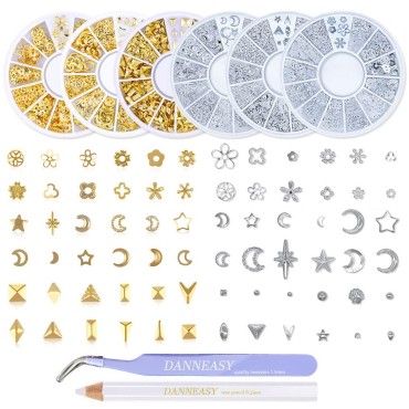 DANNEASY 3d Nail Charms Metal Nail Art Studs Gold Nail Jewels Silver Hollow Star Moon Shell Flower Manicure Decoration Salon with 1pc Curved Tweezers, Wax Pen (6 Wheels)
