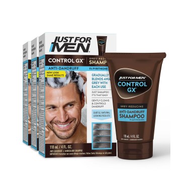 Just For Men Control GX Grey Reducing Anti-Dandruff Shampoo, Gradual Hair Color, Controls Dandruff with Zinc Treatment, 4 Fl Oz - Pack of 3 (Packaging May Vary)