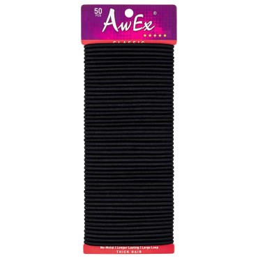 AwEx LARGE Black Hair Ties for Thick Hair-50 PCS,4 mm(0.16 Inch) Thick,170 mm(6.7 inches) Long - No Metal Hair Elastics -Hair Band - Ponytail Holder -Great for Curly,Wavy Hair