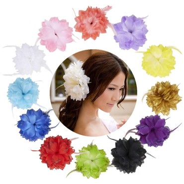 12 Pack Colorful Sequin Glitter Sparkly Large Chiffon Flower Feather Hairbow Hair Ties Hairbands Elastics Rubber Headbands Brooch Pins Hair Clips Barrettes Corsage Pin Bracelet Wristband for Women