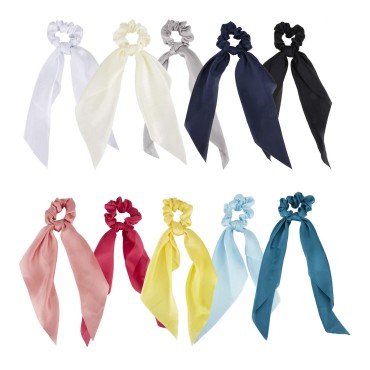 10 Pack Colorful Solid Satin Long Hair Ribbons Knotted Hair Bows Long Tails Scrunchies Scarf Hair Ties Headbands Elastics Rubber Hairbands Scrunchie Rings Ponytail Holders Accessories for Women Girls