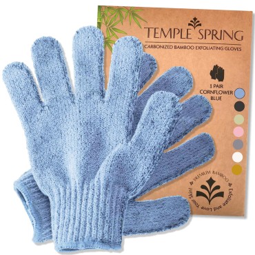 Temple Spring Exfoliating Gloves - Bamboo Bath/Shower Gloves, Bath Gloves for Shower Exfoliating and Ingrown Hair/Dead Skin Remover - Cornflower Blue - Exfoliator Mitt Scrub Gloves