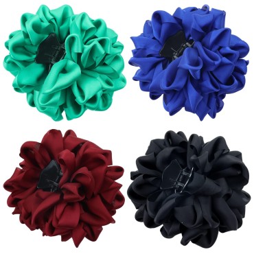 4 Pack Blue Black Burgundy Red Green Butterfly Octopus Korean Ribbon Silk Chiffon Large Rose Flower Bows Plastic Hair Claw Clips Jaw Barrettes Grips Clamps Decorative Bun Chignon Accessories for Women