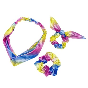 3 in1 Shiny Hologram Metallic Rainbow Bows Scarf Hair Scrunchies Bands Two-tone Mermaid Bunny Ears Hair Bobbles Elastics Ponytail Holders Hair Ties for Show Dance Party Girl (Rainbow)