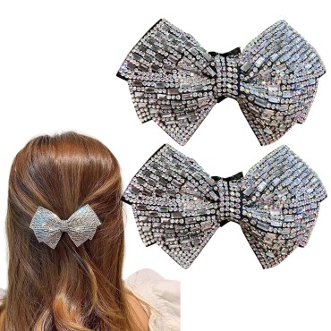 Bling Rhinestone Bow Hair Barrettes Grey Crystal Bowknot Ponytail Holder French Side Hair Clips Hair Pins Hair Slide Stylish for Thick Hair Women Girl Hair Jewelry Accessories