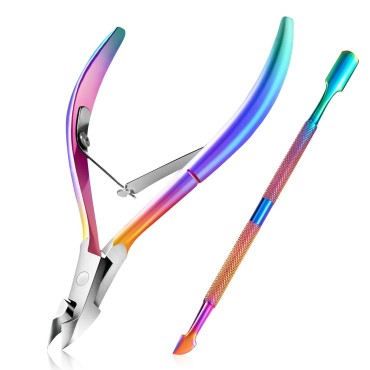 Easkep Cuticle Trimmer with Cuticle Pusher, Cuticle Remover Professional Stainless Steel Cuticle Cutter Nippers Rainbow Sharp Durable Pedicure Manicure Tools for Fingernails and Toenails