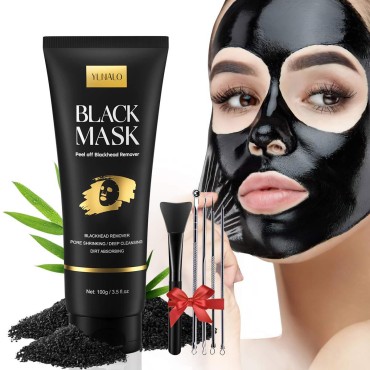 YLNALO Blackhead Remover Mask Kit, Charcoal Peel Off Facial Mask with Brush and Pimple Extractors, Deep Cleansing for Face Nose Blackhead Pores Acne, For All Skin Types (3.5 Fl.oz)