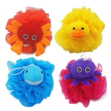 Bleu Bath (4 Pack) Lovely Animal Design Kids Exfoliating Bath Scrubber Body Scrubber Shower Ball for Baby Toddler Kids Gentle Exfoliating Bath Sponge Loofah Pouf in Colorful Design