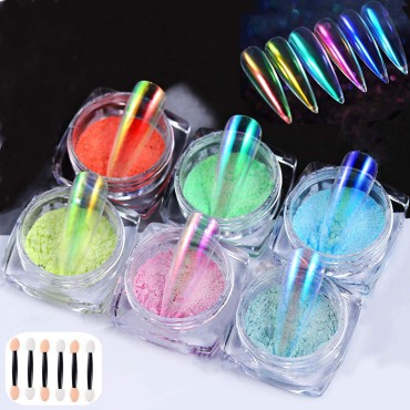 XIAOHONG 6 Colors Mermaid Chrome Nail Powder Mirror Effect Holographic Aurora Iridescent Pearlescent Manicure Pigment Rainbow Nail Glitter with 6pcs Eyeshadow Sticks