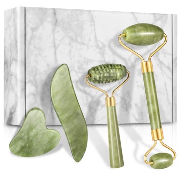 4-pcs Jade Roller & Gua Sha Set, Facial Roller Massager with Gua Sha Scraping Tool, Jade Stone Massager for Anti-aging, Slimming & Firming, Rejuvenate Face and Neck, Remove Wrinkles & Eye Puffiness