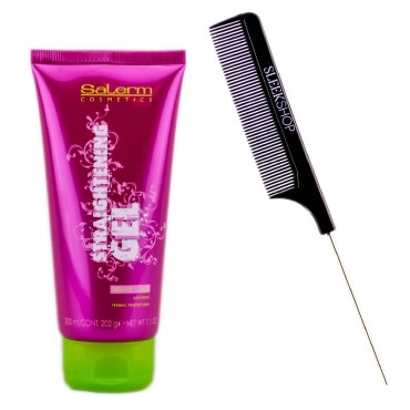 Salerm Cosmetics Straightening Gel, Straight Hair Styles Heat Protection (w/Sleek Steel Rat Tail Comb) (7.1 oz)