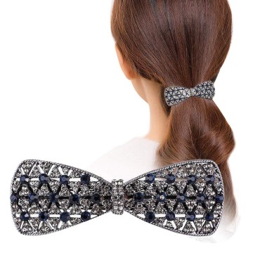 Large Sparkly Rhinestone Bow Metal Hair Barrettes Navy Blue Crystal Bowknot Ponytail Holder French Side Hair Clips Hair Pins Hair Slide Stylish for Thick Hair Women Girl Hair Jewelry Accessories