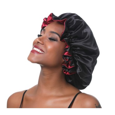 SENG TERM Women Large Satin Bonnet Adjustable Silky Sleep Cap Hair Bonnet Double Layered Reversible for Curly,Natural Hair (XL-Adult, XL Black-Red)