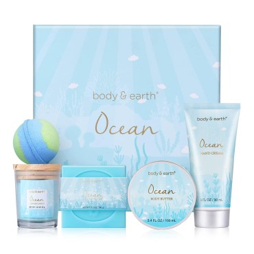 Gifts for Women, Bath Set with Ocean Scented Spa Gifts for Her, Includes Scented Candle, Body Butter, Hand Cream, Bath Bar and Bomb, 5 Pcs Bath Gift Sets, Gifts Set for Women, Christmas Gifts
