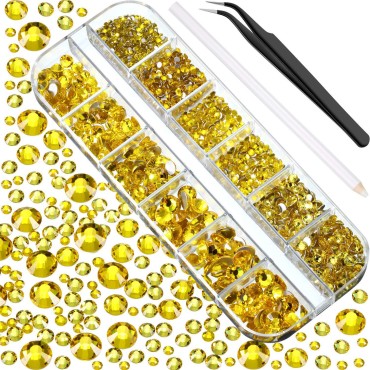 2000 Pieces Flat Back Gems Rhinestones 6 Sizes (1.5-6 Mm) Round Crystal Rhinestones with Pick up Tweezer and Rhinestones Picking Pen for Crafts Nail Clothes Shoes Bags DIY Art (Lemon Yellow)