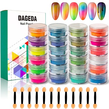 DAGEDA 24 Color Pigment Nail Powder Dust, Colorful Iridescent Glitter Ultrafine Luminous Pearlescent High-Gloss Halo Powder, 3D DIY Nail Art Decoration