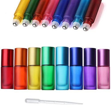 ConStore 8pcs 5ml Colorful Frosted Roll on Bottles Glass Roller Ball for Essential Oils Refillable Massage Roller Bottles with Stainless Steel Ball Empty Containers for Aromatherapy+1pcs Dropper