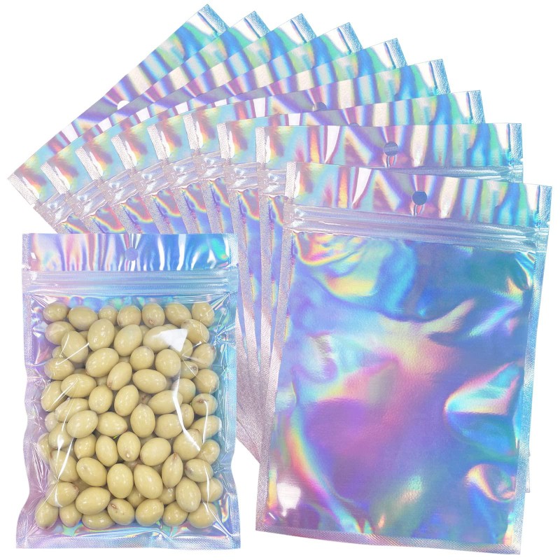 100pcs Resealable Holographic Mylar Bags 5.5x7.8 inch, Foil Zip Lock Sample Pouch Gift Baggies For Packaging Candy Jewelry Lash Lip Gloss