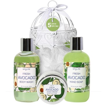 SpaLife Avocado Bath and Shower 4-Piece Gift Set in Bird Cage - Body Wash, Hand Soap, Hand Cream, and Sponge for the Ultimate Luxurious At-Home Spa! The Perfect Christmas Bath Gift for Women