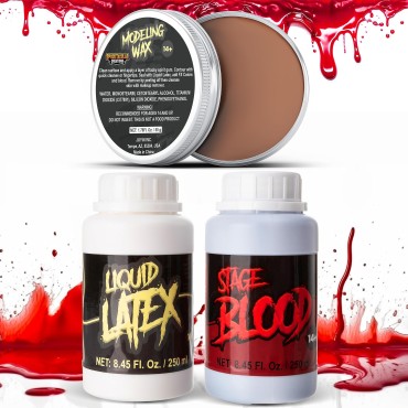 SPOOKTACULAR CREATIONS 8.45 oz Liquid Latex, 8.45 oz Fake Halloween Vampire Blood, and 1.76 oz Wax for Halloween Costume, Zombie, Vampire and Monster Makeup & Dress Up