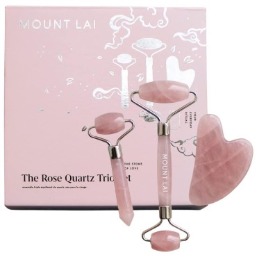 Mount Lai - The Rose Quartz Trio Soothing Facial Set | Rose Quartz Face Roller and Gua Sha Set | Gua Sha Tools to Relieve Muscle Tension and Reduce Puffiness | Anti Aging Skin Care Sets for Women