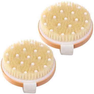 Dry Brushing Body Brush, 2 Pack Round Massage Scrub Brush with Natural Boar Bristles for Exfoliating Dry Skin, Lymphatic Drainage and Cellulite Treatment