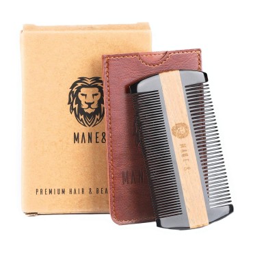 Premium Natural Ox horn and Sandalwood Dual-Action Beard Comb with Brown Protective Case - the Perfect Beard & Mustache Grooming Companion & Gift for Men - by Man & Mane