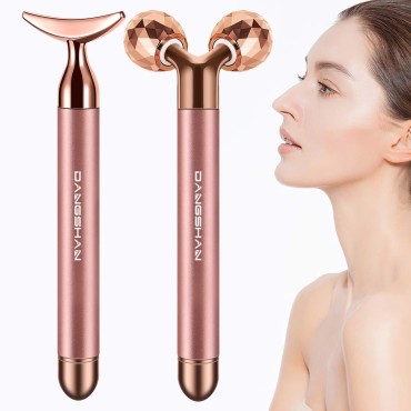 2-IN-1 Electric Face Massager Roller 24k Rose Gold Face Roller, 3D Roller and Unique Crescent Shape Facial Roller Massager Kit Arm Eye Nose Massager Skin Care Tools