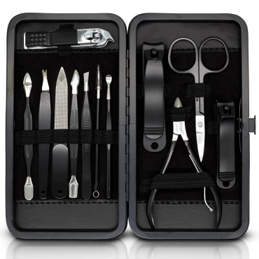 ASH ISLAND Nail Clippers Set - Black Stainless 12 in 1 For Men And Women Manicure Pedicure Travel Kit Luxury Nail File Sharp Nail Scissors Fingernails Toenails with Portable Stylish Case