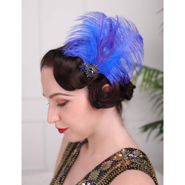 Aimimier 1920s Great Gatsby Headpiece Flapper Royal Blue Feather Hair Clip Crystal Roaring 20s Accessories Prom Party Festival Gatsby Hair Jewelry for Women and Girls