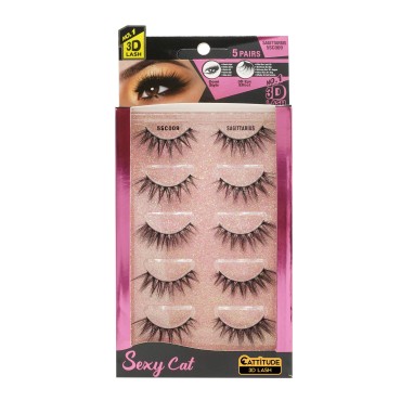 EBIN NEW YORK Cattitude 3D Lash 5 Pair - Sexy Cat 3D Lash Dramatic High Volume Extreme Length Lightweight Comfortable Wear Beautiful Winged Out Effect Reusable