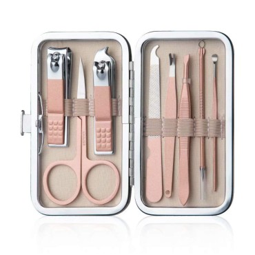 Manicure Set Nail Clippers Pedicure Kit Stainless Steel Toenail Clippers Kit, Men and Women Professional Fingernails Grooming Kits, Nail Care Tools with Travel Case (Pink-8pcs)