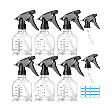 MUCAL Empty Plastic Spray Bottles 8oz for Cleaning Solutions Hair Plants, 6 Pack Small Spray Bottle with Measurements Durable Adjustable Nozzle and Labels