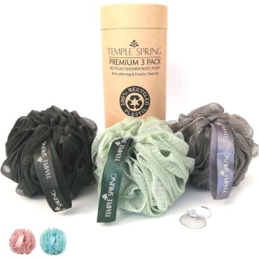 Temple Spring Shower Loofahs 3 Pack - Natural Recycled Shower Puffs for Body Set for Men and Women - Loofah Exfoliating Body Scrubber, Bath Poufs or Shower Scrunchie - Sea Green