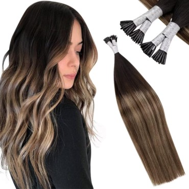LaaVoo I Tip Hair Extensions Real Human Hair Natural Black Balayage Chocolate Brown Ombre Caramel Brown Hair Extensions Itip Real Human Hair Silky Straight 16 Inch 50g