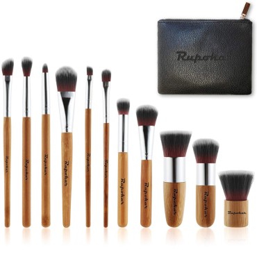 Rupokar Bamboo Handle Makeup Brush Set 11Pcs Eco-Friendly Soft Synthetic Foundation Powder Blending Conceal Eye shadows Blush Cosmetics Brushes Attractive PU Leather Bag Designed In USA