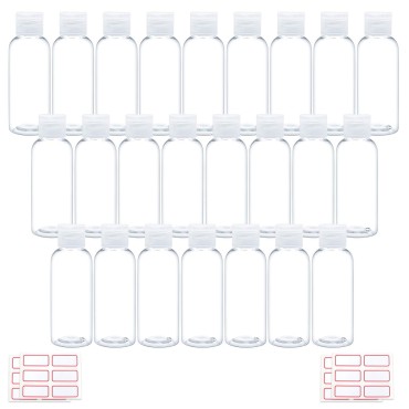 Trendbox 60ml/2oz Clear Plastic Empty Bottles with Flip Cap -BPA-Free Travel Containers for Shampoo, Lotions, Liquid Body Soap and Massage Oils with Label - 24 Pack