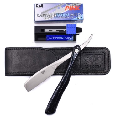 Kai Kasho Captain Japanese Professional Folding Straight Edge Barbering Razor with Leather Case - 20 Kai Captain Titan Blades Included - Also Compatible with Feather Artist Club Blades