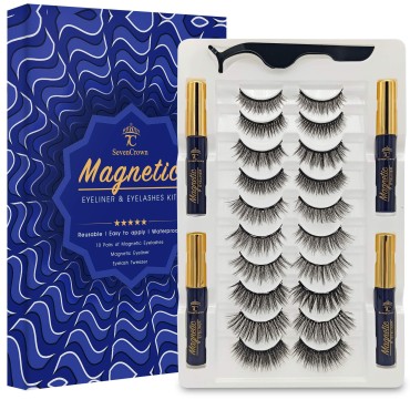 Magnetic Eyelashes Natural Look 7C SevenCrown Magnetic Lashes with Eyeliner - Updated Long-Lasting, Waterproof,Reusable 3D Medium False Lashes Easy to Apply.10 Pairs & 4 Tubes.